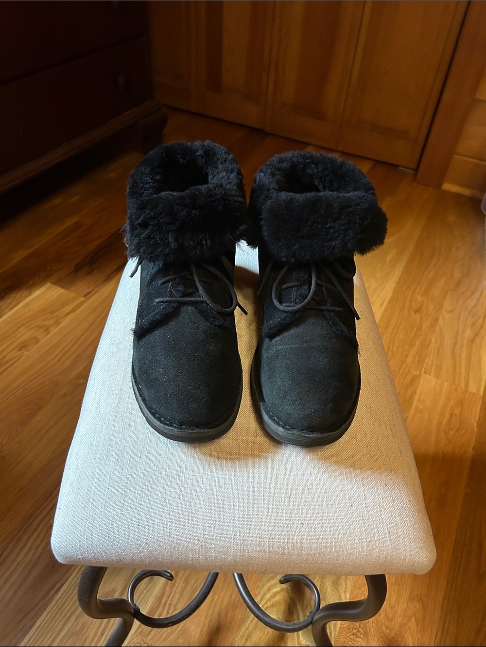 UGG Black Suede Fur-Cuff Lace-Up Ankle Boots